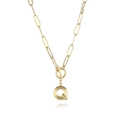 Detail of gold paperclip chain necklace with a T-bar clasp and letter Q disk pendant - Letter Q