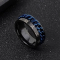 Macro shot of black matte stainless steel ring with spinning blue chain and Roman numerals - US 6 / Black with Blue Chain