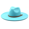 Detailed close-up of sky blue wide brim wool fedora with brown leather band and metal studs - M (56-58cm) / Lake Blue