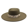 Detail of bohemian geometric ribbon band on olive green wool felt wide brim fedora hat - M (56-58cm) / Army Green