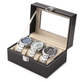 Black PU leather watch box with 3 slots and clear glass window for storage - 3-Slot Watch Organizer Box / Black