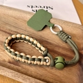 Adjustable dark green and beige braided paracord wrist strap for mobile phones - Short [Army Green & Apricot] Adjustable Braided Lanyard + Army Green Patch