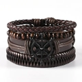Mehrlagiges braunes Lederarmband für Herren mit Holzperlen und Steuerrad-Anhänger - Dunkelkaffee