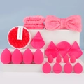 Rose pink 16-piece makeup sponge set with headband and wristbands in tiered display - Rose Red