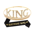 Ensemble couronne dorée KING en strass et écharpe noire BIRTHDAY KING pour anniversaire - Or strass blanc + Écharpe satin noir texte doré