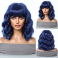 Blue short wavy bob wig with bangs for women, multi-angle view on mannequin head - Dark Blue