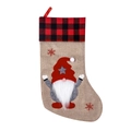 Christmas stocking with red buffalo plaid cuff and gnome applique on linen base - Five Stars