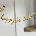 Mirror gold Happy Birthday banner with black star and script letters for party decor - Lowercase Joined Gold