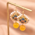 Gold baroque pearl earrings featuring a blue floral enamel center and yellow drop bead - Cloisonne Pearl Crystal Hook