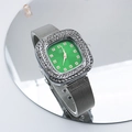 Orologio da donna quadrato in argento con quadrante verde e lunetta di cristalli - Verde