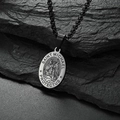 Black St. Michael pendant necklace on dark rock, Saint Michael Protect Us engraving - Black Color Pearl Chain Necklace