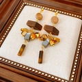 Vintage tijgeroog hangende oorbellen met ronde geometrische kwastjes en gouden accenten - 1# Zilveren Pin - Bruin - Geometrisch