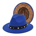 Detail of blue wool fedora featuring leopard print brim lining and pearl hat band trim - M (56-58cm) / Sapphire Blue