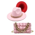 Pink wide brim fedora hat with gold chain and matching quilted handbag set for women - M (56-58cm) / Pink + Red