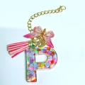 Letter P resin keychain with colorful sequins, pink butterfly charm and tassel - Letter P