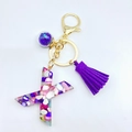 Purple resin letter X keychain with tassel and glitter star charm in gold hardware - Letter X