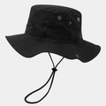 Detail of black tactical sun hat with metal mesh vents and adjustable chin strap cord - Black