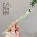 Elegant lily of the valley hair stick with pale green faux jade and pearl pendant - 89# Lily of the Valley Pendant - Clear Water