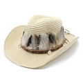 Detail of straw cowboy hat with real feathers, woven band and vintage metal coins - Beige