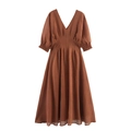 Vestido midi marrón con cuello de pico, cintura fruncida y mangas abullonadas - S / Marrón Oscuro