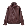 Detail view of the deep red faux leather jacket texture and asymmetrical button closure - S / Dark Red