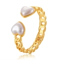 Elegant gold-tone Cuban chain open bangle featuring two heart-shaped pearls - Gold