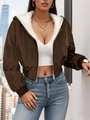 Giacca da donna marrone scuro con cappuccio, fodera in pile bianco e zip frontale - S / Marrone/Bianco