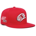 Detail of red snapback cap featuring white CH embroidery and Jalisco Series 2024 side patch - Red