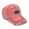 Detail of vintage washed salmon denim baseball cap featuring NYC sailing crew embroidery - Watermelon red