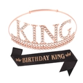 Couronne King or rose avec strass et écharpe Birthday King en satin noir pour homme - Or rose + Tissu pailleté noir texte or rose
