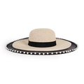 Détail d'un chapeau de paille avec bordure en résille noire et perles blanches décoratives - M (56-58cm) / Beige