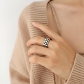Neutral stainless steel checkerboard ring with black and white enamel finish worn on hand - US 6 / Steel