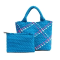 Handwoven blue tote bag set with pink accents and matching clutch purse for women - Blue