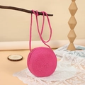 Mini round woven straw crossbody bag in vibrant rose red with spiral texture and long strap - 15CM / Rose Red
