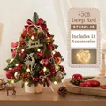 45cm mini burgundy tabletop Christmas tree with 18 ornaments and warm LED string lights - 45CM Wine Red Wood Log Tree