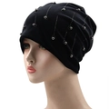 Detail of black rhinestone beanie with silver beads and shimmering vertical lines - 56-61cm / Black