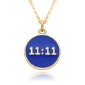 Detail of round golden pendant with blue enamel and 11:11 angel number design - Royal Blue (B008)