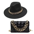 Conjunto de sombrero fedora de fieltro negro y bolso de hombro plisado con cadena dorada - M (56-58cm) / Sombrero Negro + Bolso