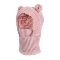 Pink hooded knit scarf for kids with cute bear ears and soft fleece lining - Pink