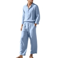 Détail de l'ensemble en lin bleu clair pour homme montrant la texture et le cordon - S / Rose bonbon