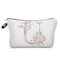 Close-up of elegant watercolor floral letter U print on white canvas makeup bag - Letter U Style
