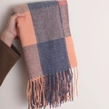 Soft faux cashmere scarf with orange and grey plaid pattern and fringe detail - 180*70cm / Orange Red