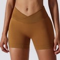Pantaloncini da yoga marrone caramello a vita alta a V con texture a coste e senza cuciture - L / Cacao