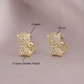 Golden cat zircon stud earrings featuring copper base with 3 layers of gold plating - Cat Head Style (EM07-1)