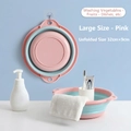 Pink and blue large collapsible washbasin with hanging hole shown in use and folded - Large / Pink