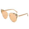 Cat eye metal sunglasses with amber lenses and crystal embellishments in gold - Gold Frame Champagne