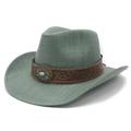 Chapeau de cowboy en paille vert sauge avec ruban cuir gaufré et boucle turquoise rétro - M (56-58cm) / Vert Nénuphar