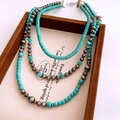 Macro detail of triple-layer vintage stone beads necklace with turquoise and silver finish - Necklace Blue-Grey
