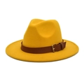 Detail of yellow wool fedora hat featuring a brown leather belt with gold metal buckle - Yellow