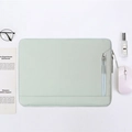 Pale green laptop sleeve with side zipper pocket on white desk with aesthetic accessories - Green (D6)